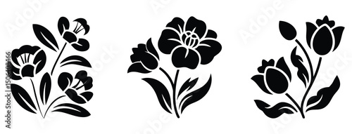 Minimal black flower vector silhouettes isolated on white

