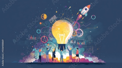 Illustrated Group Holding Lightbulb with Charts and Rocket on Blue Background