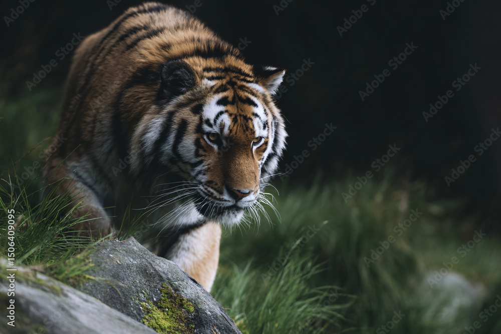 Obraz premium a tiger walking across a lush green field
