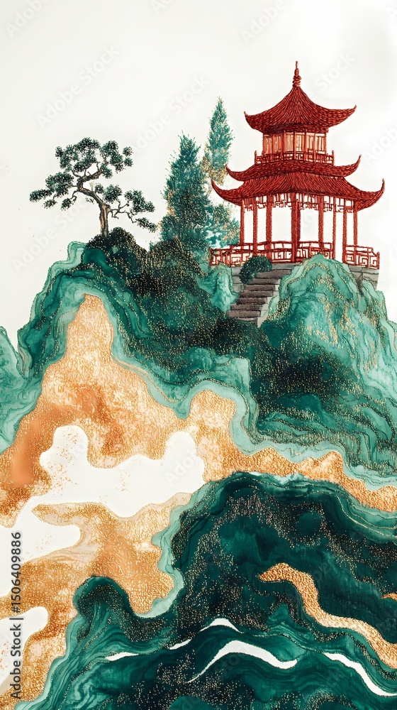 Fototapeta premium Traditional Chinese gold red green mountain pavilion illustration poster background