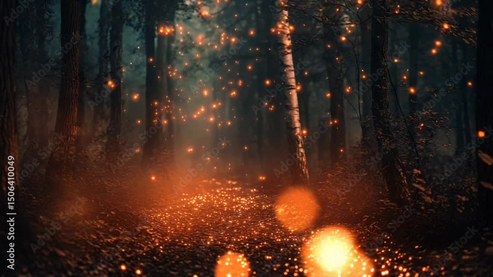 Enchanted forest path illuminated by glowing fireflies at dusk Enchanted forest path illuminated by glowing fireflies at dusk