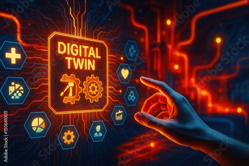 Hand Interacting With Digital Twin Interface, Representing Technological Advancement and Innovation in Manufacturing and Engineering Sectors : Generative AI