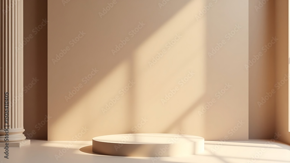 Fototapeta premium Minimalist scene with podium and column in soft light for product display