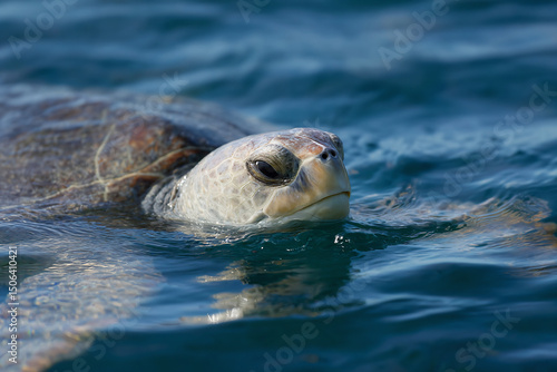 a turtle swimming in the ocean with its head above the water
