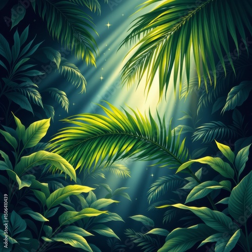 Lush Tropical Jungle Sunlight Beams Through Dense Green Foliage