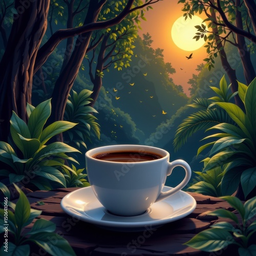 Serene Sunset Coffee in Lush Jungle Pixel Art Landscape