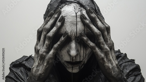 Sinister goddess Achlys misery embodied ashen skin tear-streaked face withered hands plain white background