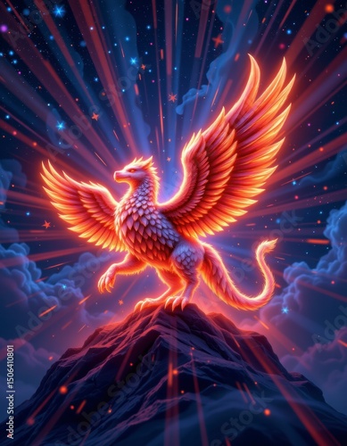 Fiery Griffin Atop Mountain Peak Under Starry Sky