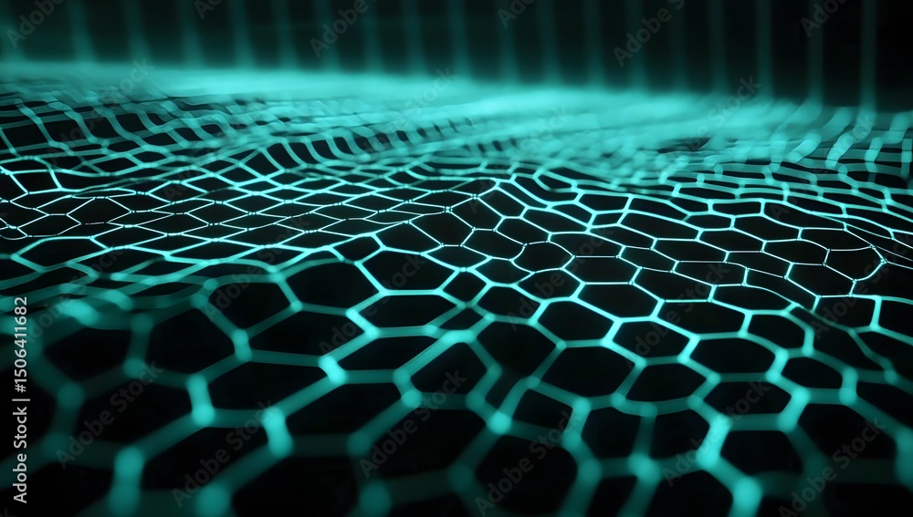 Fototapeta premium A black background with neon turquoise lines in the shape of hexagons, creating an optical illusion that gives depth 