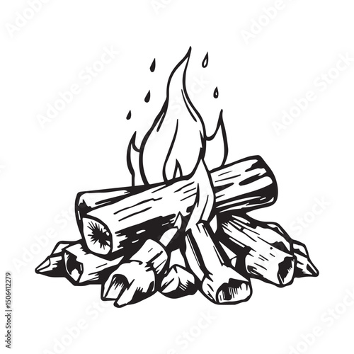 Monochrome campfire illustration depicting burning logs with stylized flames