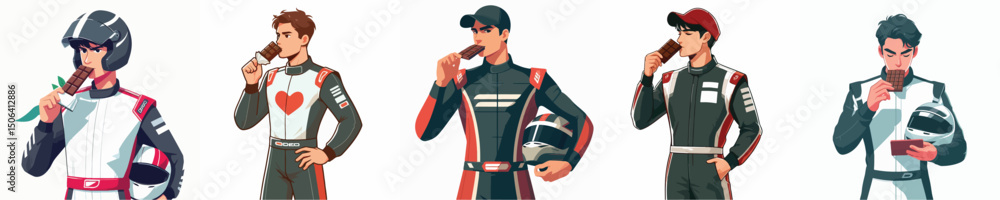 young racer character vector eating chocolate young racer character vector eating chocolate