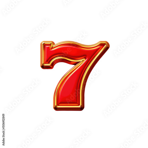 Shiny red number seven with a gold outline and bold, glossy appearance.