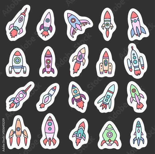 Spaceship set exploration mission featuring various rocket spacecraft designs for galaxy travel, space journey, orbital research, cosmic discovery, and advanced navigation adventures