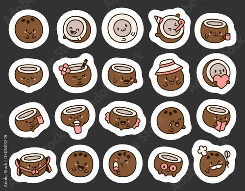 Coconut fruit character set showing smiling emotions, mug, party celebrations, romantic hearts, selfie moments, magical fairy wings, halloween costumes and chef cooking