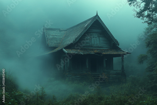 A deserted old Thai wooden house at the edge of a dense forest, shrouded in fog and left empty.