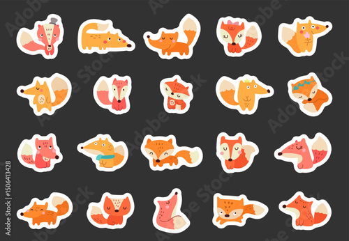 Fox character set in scandinavian style with fluffy adorable animal designs showing cute cartoon poses and emotional expressions for yours illustration and creative projects