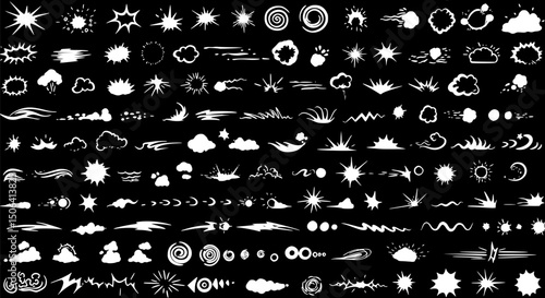 100+ White Comic Book Style Effects Explosions Stars and Clouds on Bla