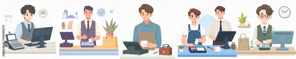 vector young man working cashier vector young man working cashier