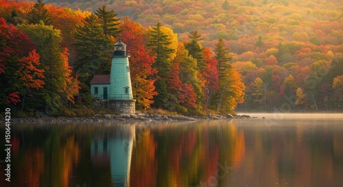 Tranquil Autumn Landscape Featuring a Vintage Lighthouse Surrounded by Vibrant Fall Foliage Reflecting on Calm Water at Sunrise