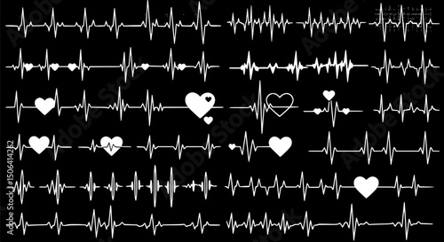 Heartbeat EKG ECG Love Pattern White Heart Black Background