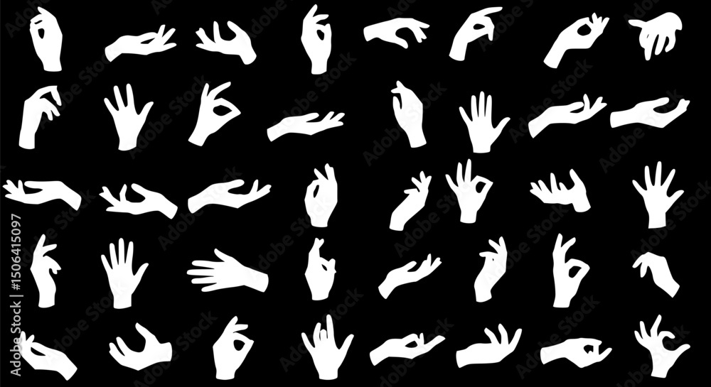 Fototapeta premium Collection of White Hand Silhouettes on Black Background Gestures Pose