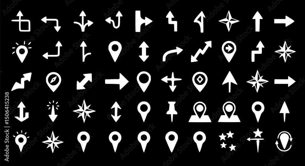 Hand-Drawn Navigation Icons: Arrows GPS Direction Map Markers Hand-Drawn Navigation Icons: Arrows GPS Direction Map Markers
