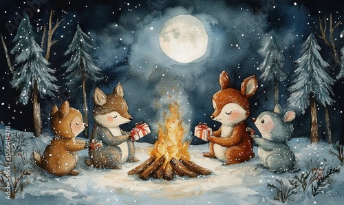 whimsical watercolor of woodland animals sharing gifts around a campfire in a snowy clearing, under a crescent moon, Generative AI