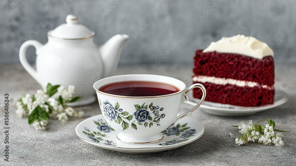 A cup of tea and a slice of red velvet cake on a table. A cup of tea and a slice of red velvet cake on a table.