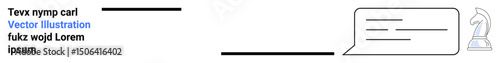 Knight chess piece next to a chat bubble with text lines symbolizing strategy, communication, and planning. Ideal for business strategy, leadership, messaging, decision-making, negotiation