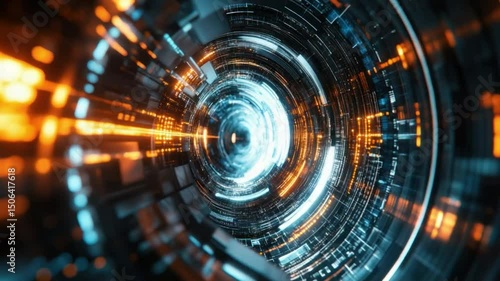 Wallpaper Mural Cyber Tunnel: A captivating, abstract illustration of a neon cyber tunnel, a futuristic portal shimmering with an intricate array of data, digital information and a sense of journey. Torontodigital.ca