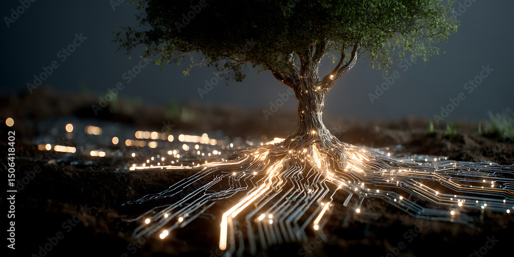 Naklejka premium Night Lights A Mesmerizing Treetop View of City Illumination