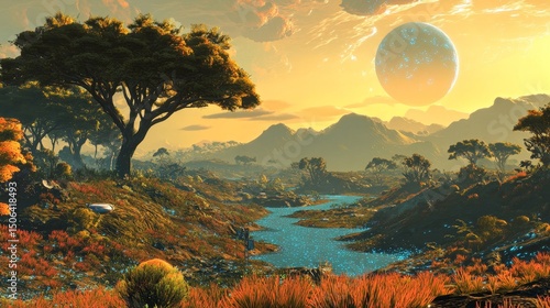 vibrant alien jungle with bioluminescent plants, towering trees, and strange creatures lurking in the shadows, Generative AI