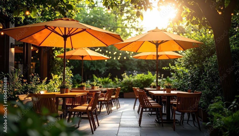 Obraz premium Golden Hour Patio: Warm Sunset Illuminates Outdoor Cafe Tables