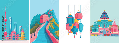 modern china illustration with traditional architecture and landscape