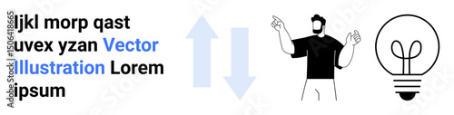 Man raising hands near a lightbulb and two arrows highlighting innovation, solutions, brainstorming, idea exchange, and growth. Ideal for creativity, teamwork, strategy, education startups simple
