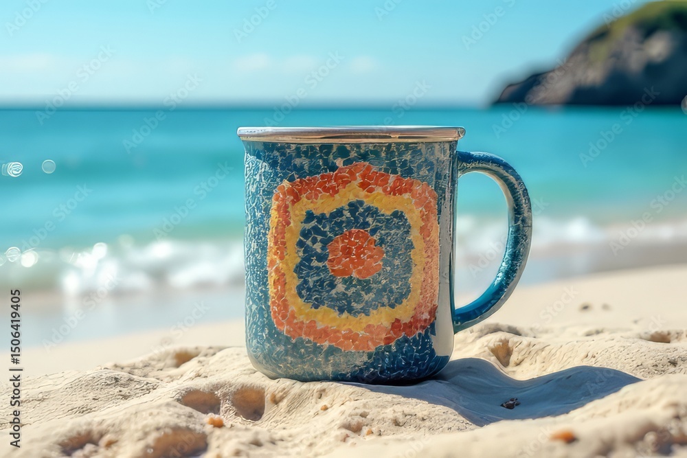 Colorful Ceramic Mug on Sandy Beach by the Ocean Colorful Ceramic Mug on Sandy Beach by the Ocean