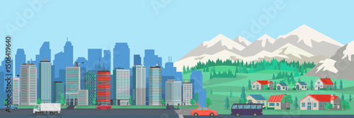 Urban landscape with large modern buildings and suburb with private houses vector

