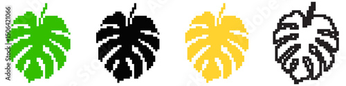 Pixel monstera leaf icon vector for tropical, botanical, and plant illustration. Ideal for nature, digital jungle theme, and eco art design in pixelated tropical layout.
