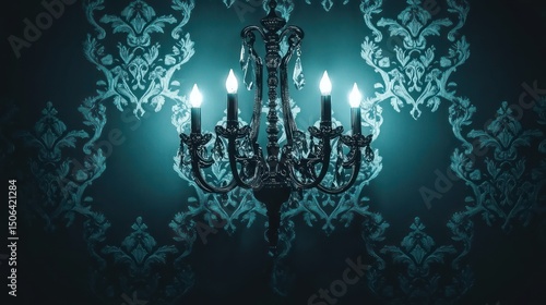 Elegant antique chandelier illuminated against a teal patterned wall.