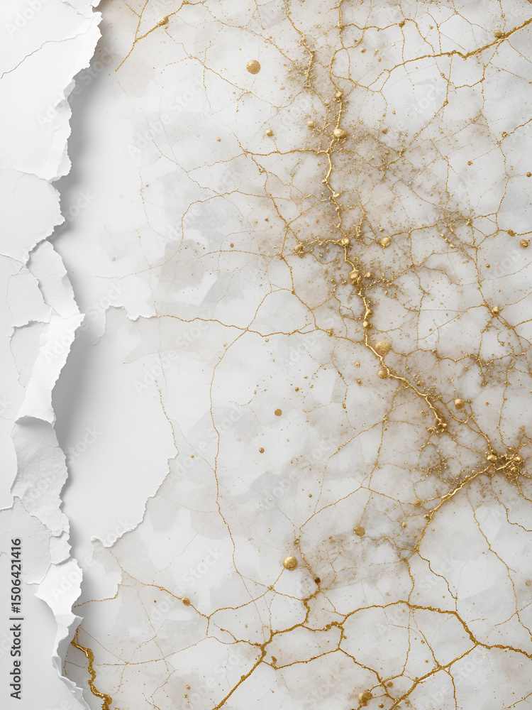 Naklejka premium Torn piece of edge paper on white background. Gold and bronze color marble texture.