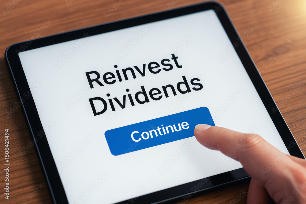 Reinvest dividends concept shown on tablet screen with finger pressing continue button Reinvest dividends concept shown on tablet screen with finger pressing continue button