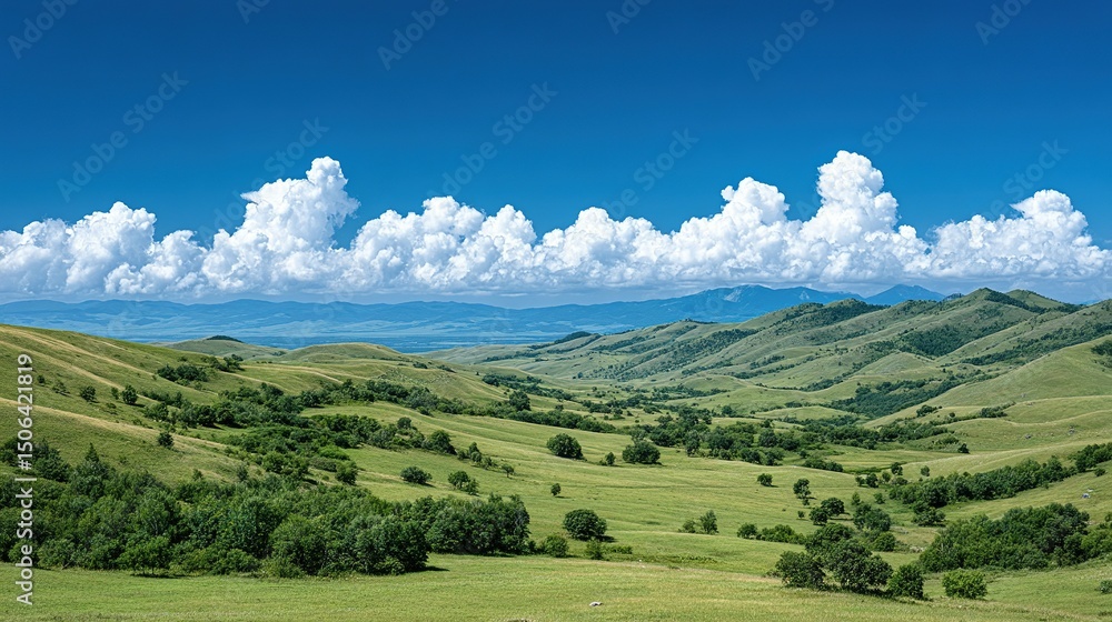 Obraz premium Expansive vista of rolling hills under a vibrant blue sky.