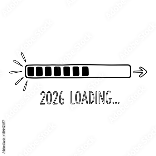 2026 loading progress bar with arrow isolated on white background, indicating a countdown, future event, or project deadline in a simple graphic design