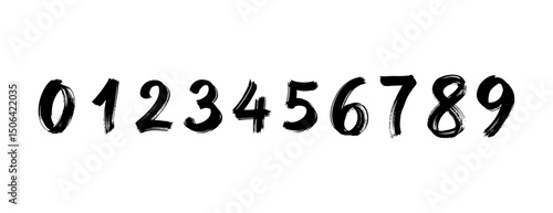 Numbers zero through nine in black ink brush strokes isolated on white background