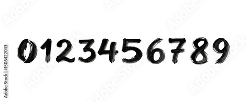 Brush stroke numbers from zero to nine isolated on white background in a set of handwritten style for graphic design elements and artistic illustrations