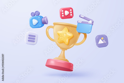 3d winners prize with social media play video, gold winners stars for rewards ceremony. Award ceremony and red round play button for start multimedia. 3d trophy icon vector render vector illustration