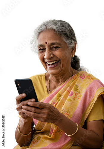 Happy Senior Indian Woman Laughing With Mobile Phone Transparent Image
