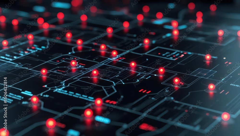 Advanced digital circuit illustration showing glowing red connection points and technological circuitry design Advanced digital circuit illustration showing glowing red connection points and technological circuitry design