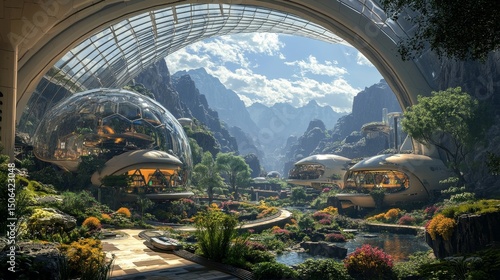 futuristic city under a glass dome on a distant planet, with alien architecture and exotic flora, Generative AI