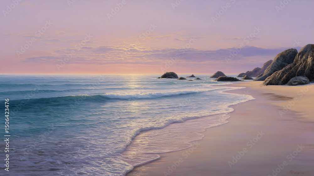 Obraz premium Serene Coastal Scene Calm Waves, Pink Sunset, and Sandy Beach